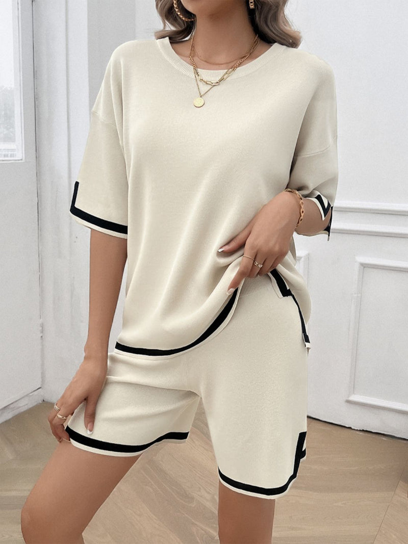 Contrast Trim Round Neck Top and Shorts Set