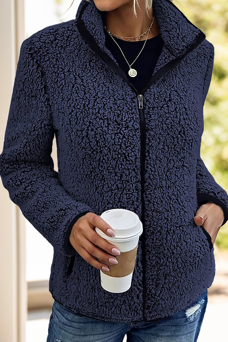 Pocketed Zip Up Turtleneck Jacket Navy