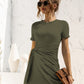 Round Neck Cuffed Sleeve Side Tie Dress