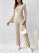 Ribbed Flare Sleeve Top and Pants Set Cream
