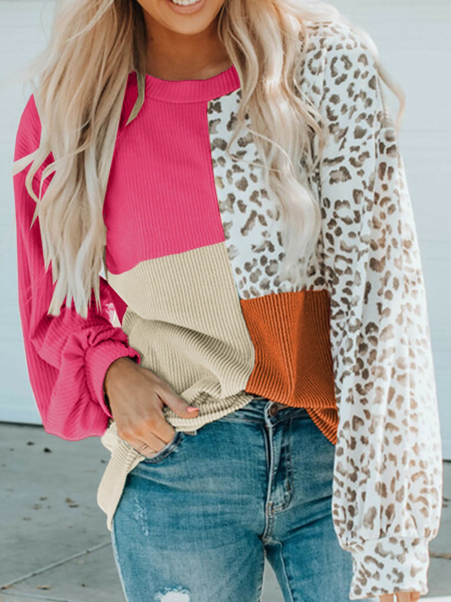 Color Block Leopard Round Neck Sweatshirt Hot Pink