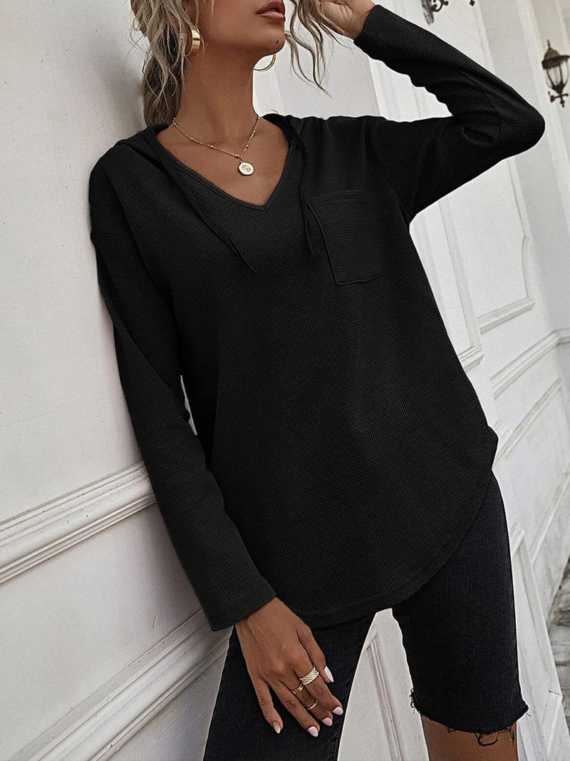 Drawstring Waffle Knit Long Sleeve Hooded Top Black