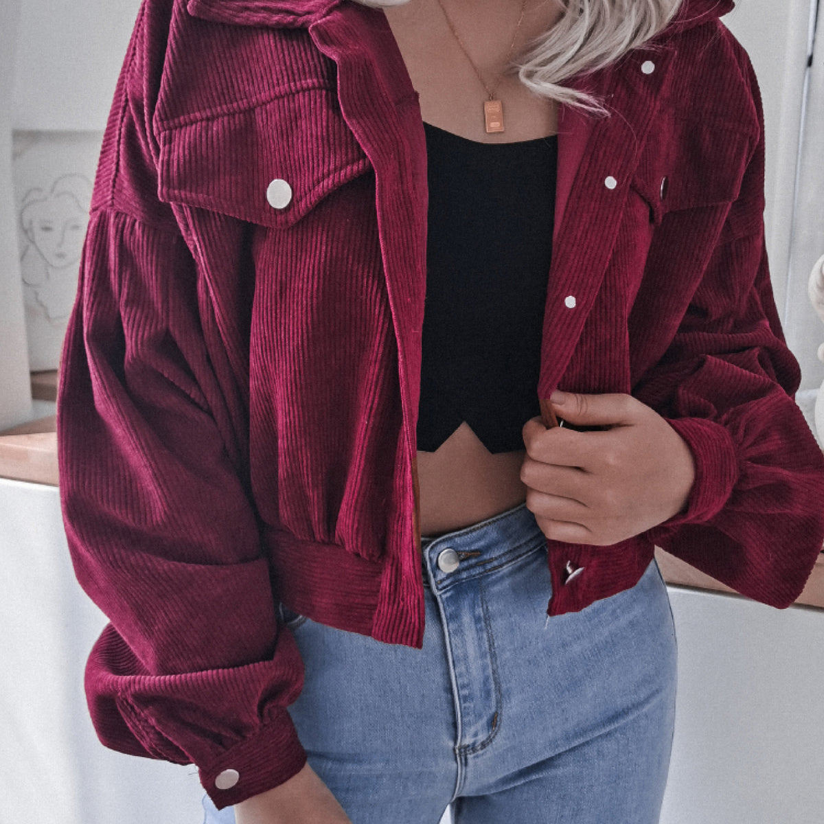 Lantern Sleeve Cropped Corduroy Jacket Wine