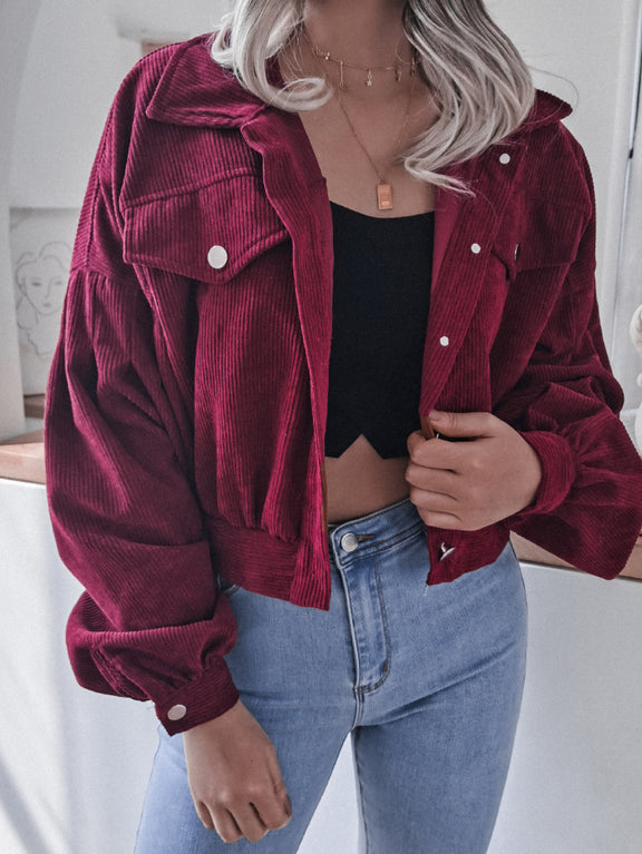 Lantern Sleeve Cropped Corduroy Jacket Wine