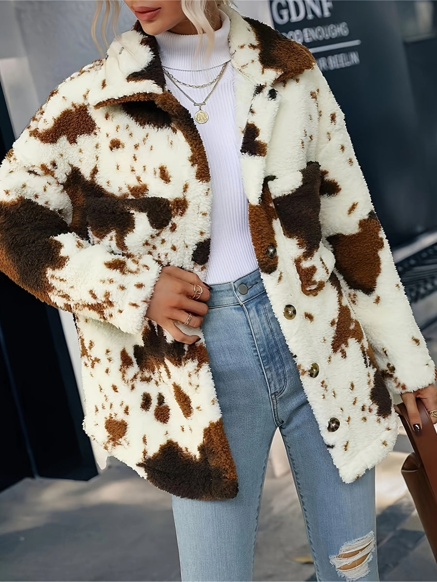 Cow Print Collared Neck Button Up Fuzzy Jacket Ivory