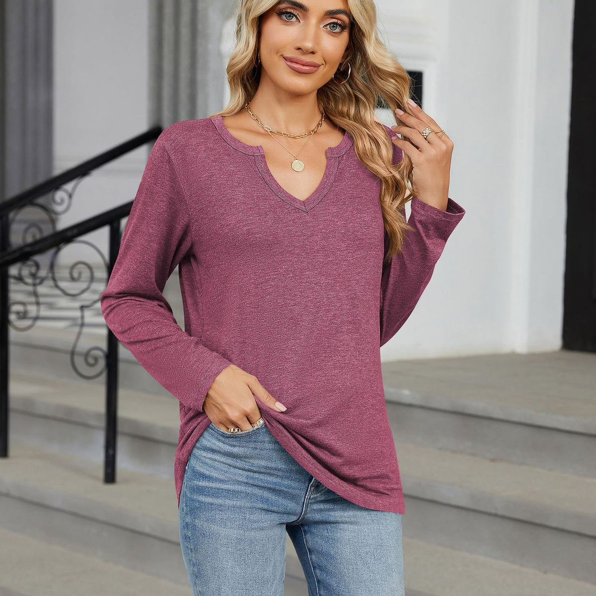 Notched Long Sleeve T-Shirt Plum