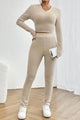 Ribbed V-Neck Long Sleeve Cropped Top and Pants Set Beige