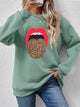 Leopard Lip Graphic Round Neck Sweatshirt Sage
