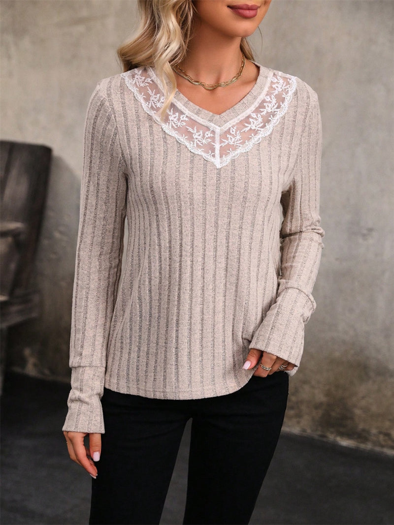 Lace Detail V-Neck Long Sleeve T-Shirt