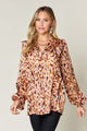 Double Take Full Size Printed Ruffle Trim Balloon Sleeve Shirt Caramel
