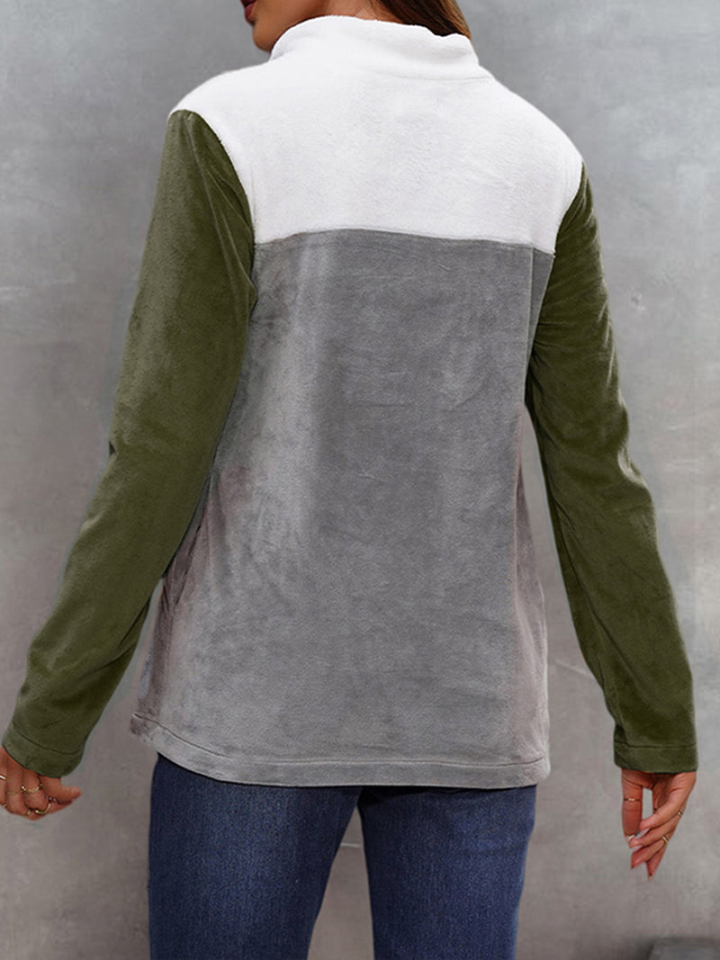 Shiny Color Block Collared Sweatshirt with Pockets