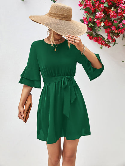 Round Neck Tie Belt Flounce Sleeve Dress Forest