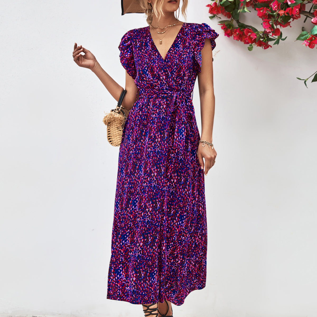 Printed Surplice Neck Flutter Sleeve Slit Dress Blue Purple
