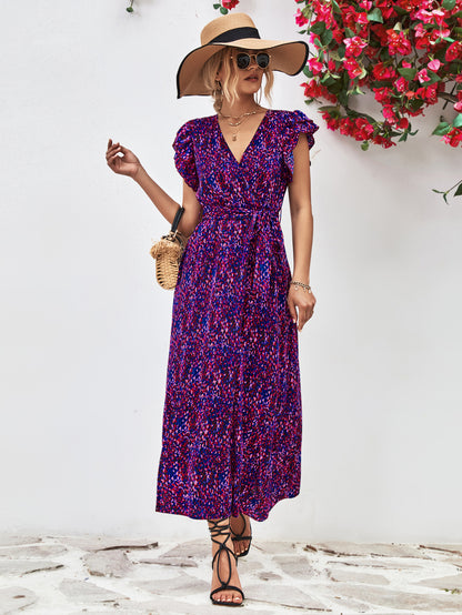 Printed Surplice Neck Flutter Sleeve Slit Dress Blue Purple