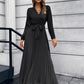 V-Neck Tie Waist Pleated Maxi Dress