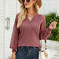 Waffle-Knit Spliced Lace Notched Top