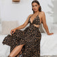 Leopard Deep V Tie Back Split Dress