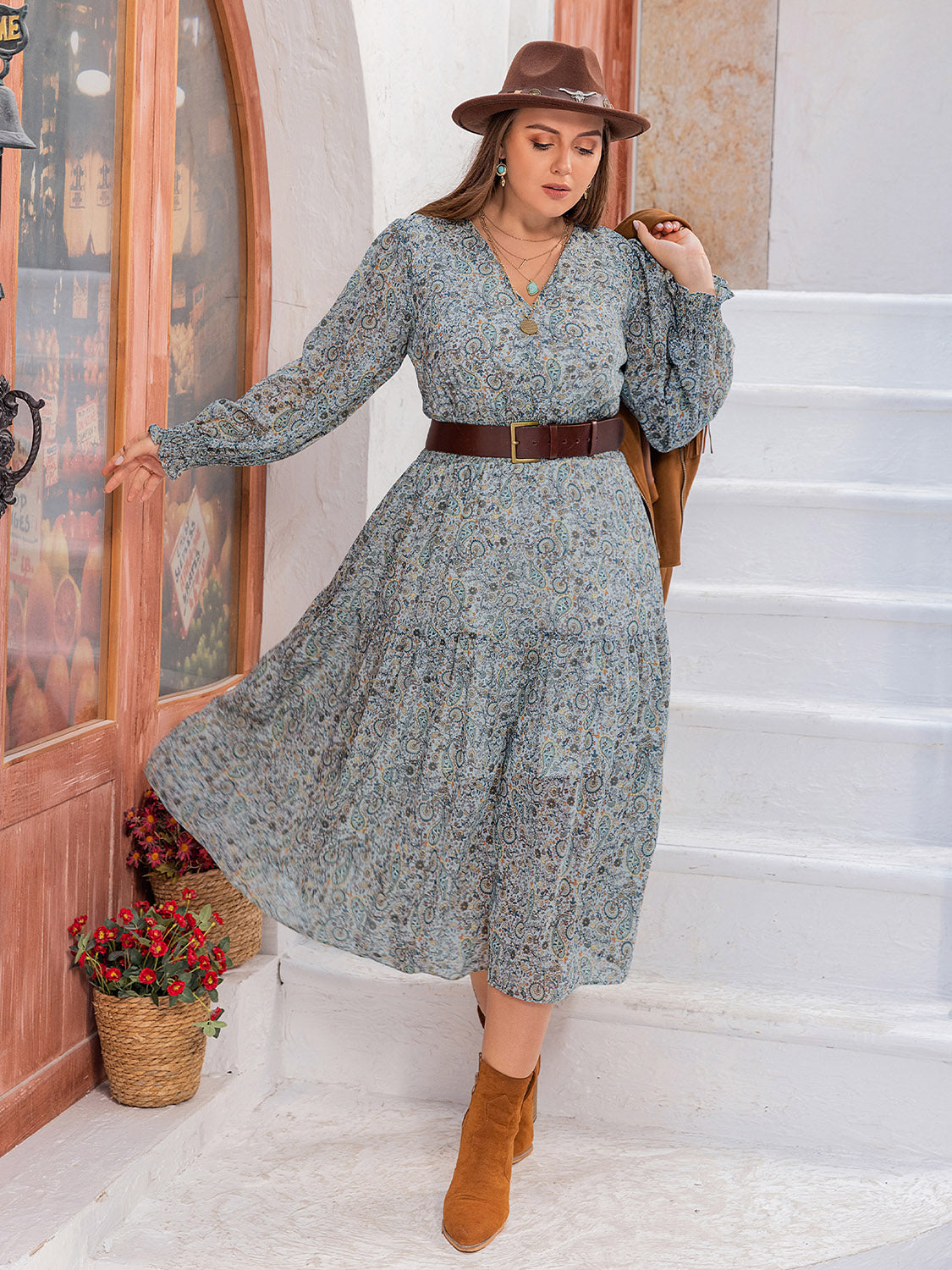 Plus Size V-Neck Long Sleeve Midi Dress