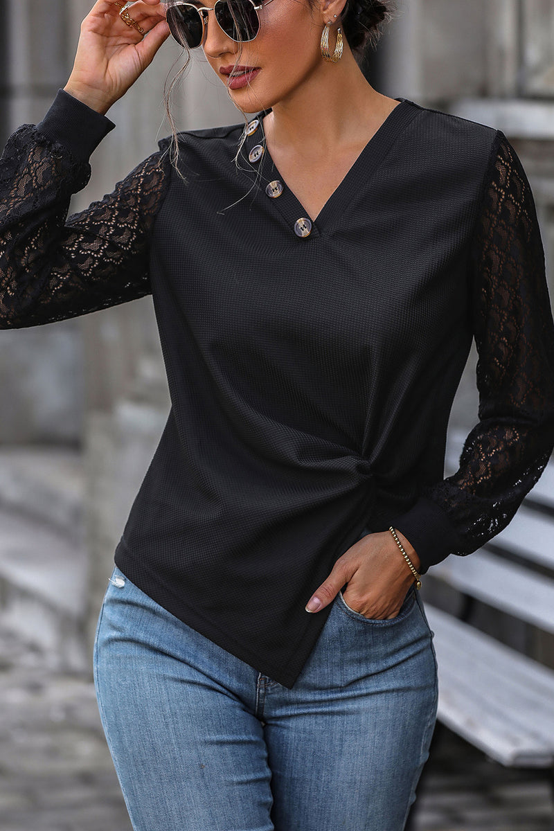 Perfee Twisted Decorative Button Long Sleeve T-Shirt