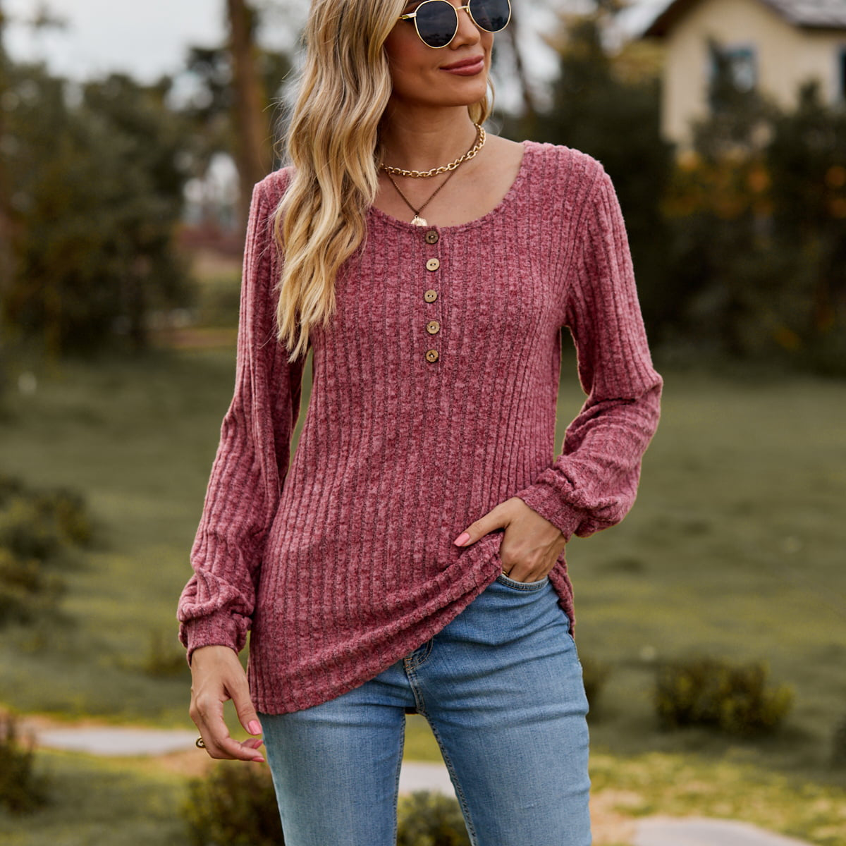 Round Neck Button-Down Long Sleeve Tee