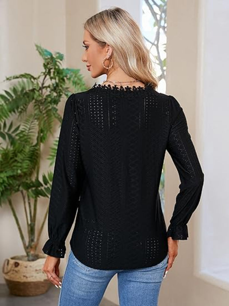 Lace Detail Eyelet V-Neck Flounce Sleeve Blouse