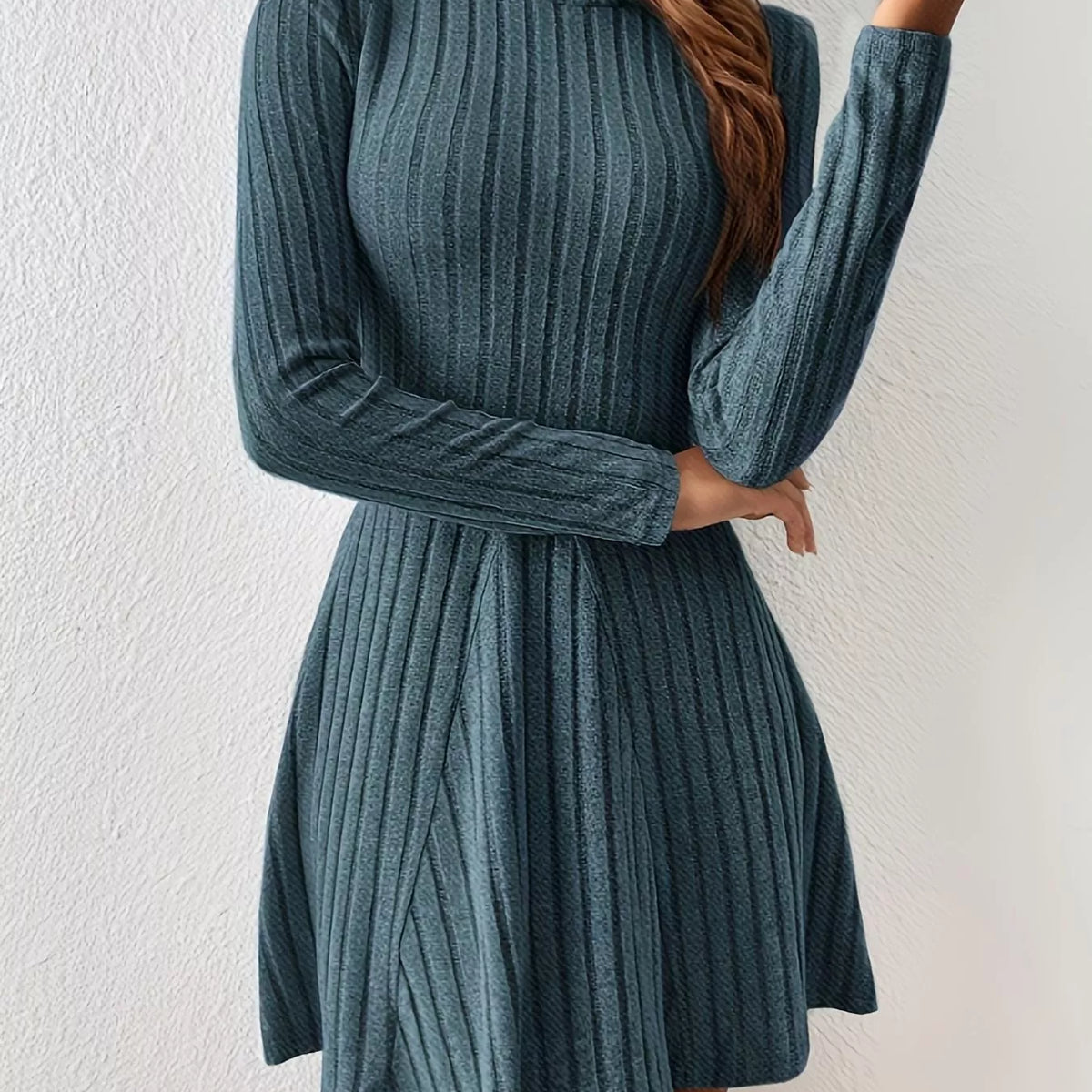 Ribbed Knit Mock Neck Long Sleeve Dress