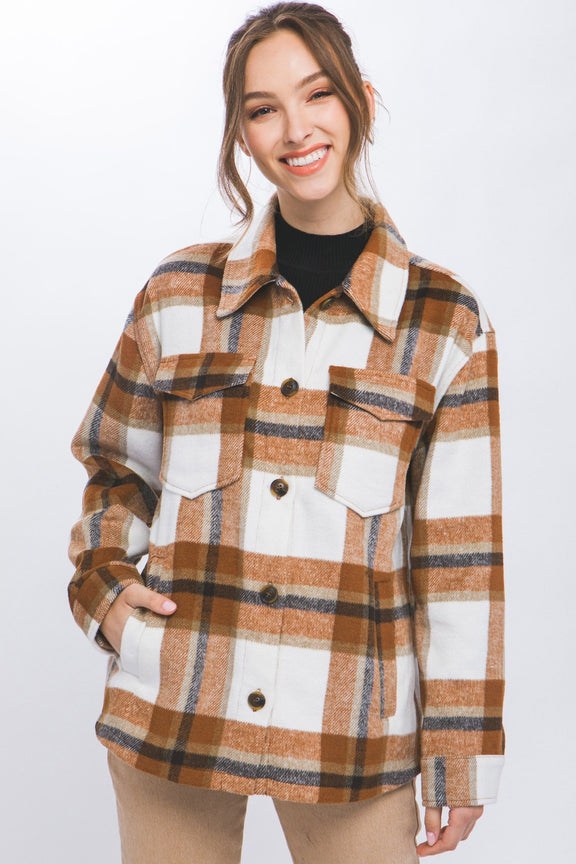 Love Tree Plaid Button Up Shacket Clay