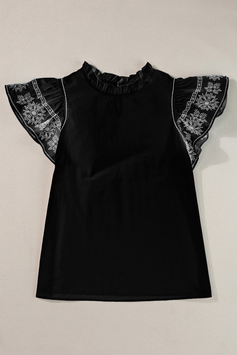 Ruffled Mock Neck Cap Sleeve Blouse Black