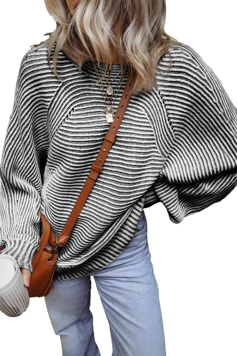 Textured Striped Round Neck Long Sleeve Top