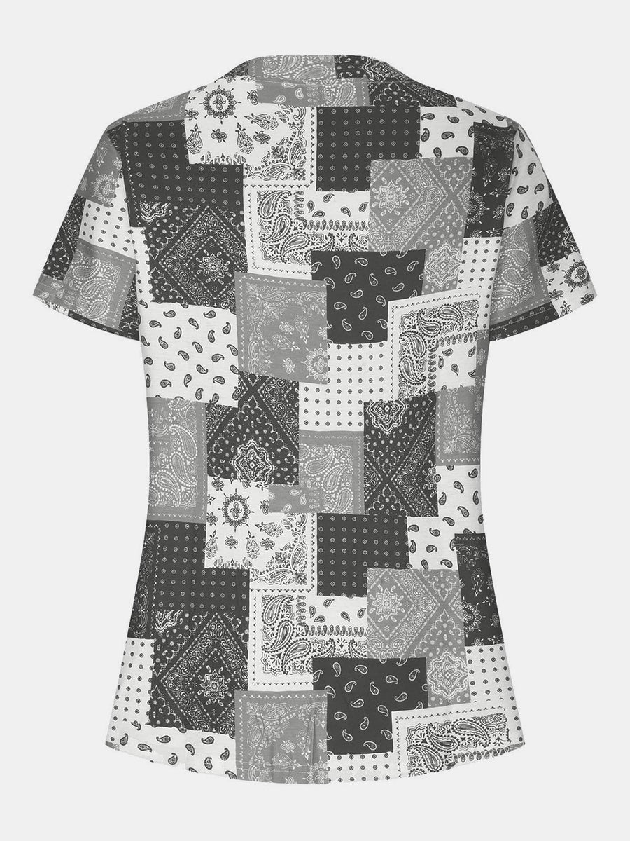 Printed Notched Short Sleeve Blouse Gray