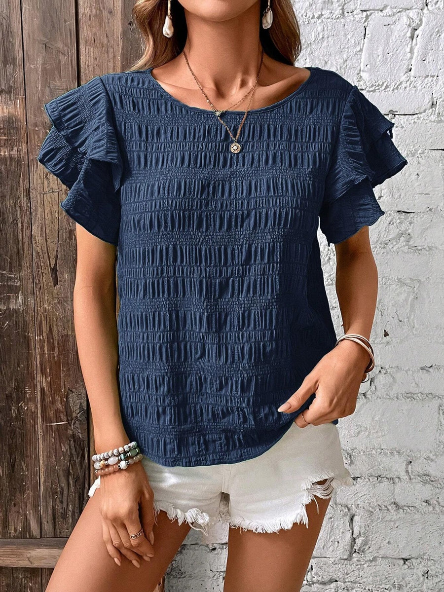 Round Neck Flounce Sleeve Blouse Dark Blue