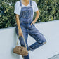 Pocketed Distressed Denim Overalls