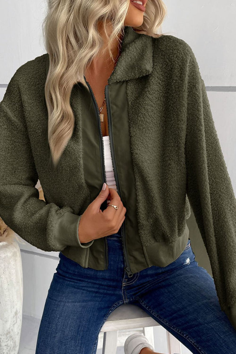 Perfee Zip-Up Sherpa Collared Neck Jacket with Pockets Green
