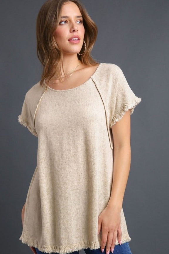 Umgee Full Size Seam Detail Linen Ruffle Fringe Edge Top Plus Size OATMEAL