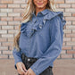 Ruffled Round Neck Long Sleeve Denim Top