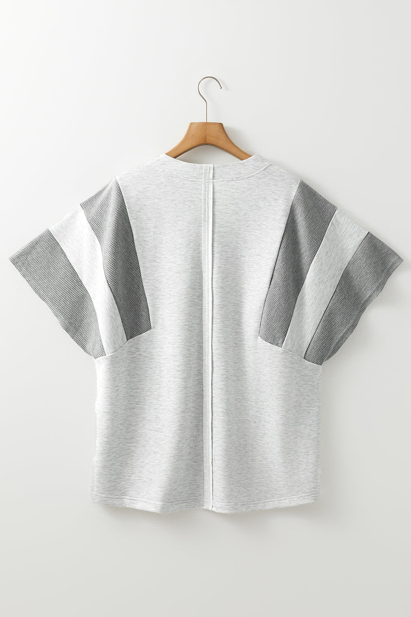Two Tone Contrast Waffle Knit Patched Buttoned V Neck Top