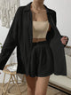 Dropped Shoulder Button Up Top and Elastic Waist Shorts Set Black