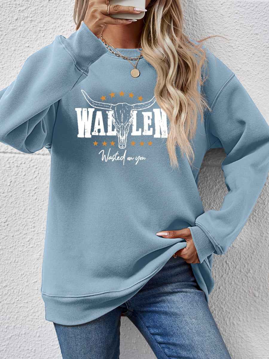 Graphic Round Neck Dropped Shoulder Sweatshirt Misty Blue