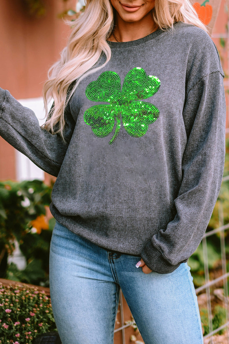 Lucky Clover Sequin Round Neck Sweatshirt Dark Gray
