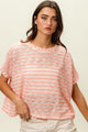 BiBi Braid Striped Short Sleeve Round Neck T-Shirt Pink