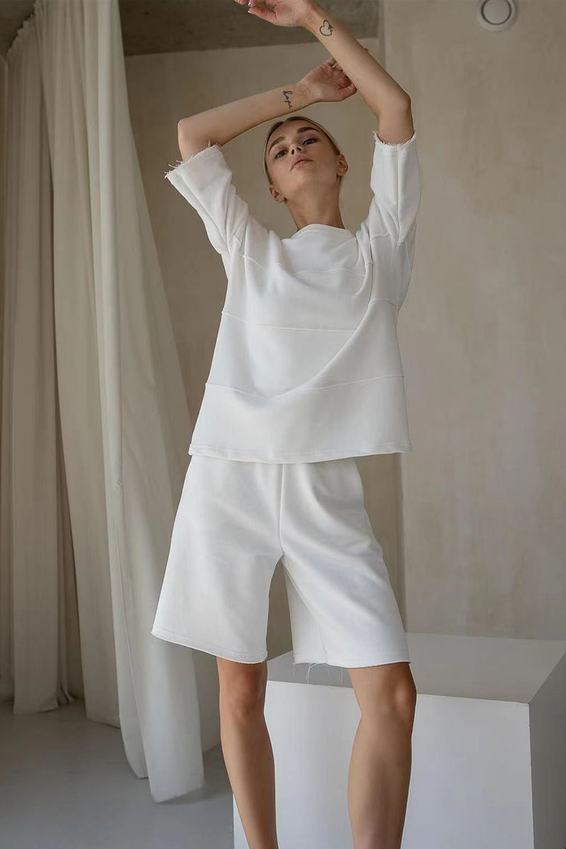Round Neck Long Sleeve Top and Shorts Set White