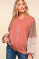 Haptics Zip Up Color Block Bomber Jacket with Side Pockets Sienna Camel Sand