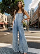 Adjustable Strap Wide Leg Denim Overalls Light