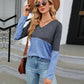 V-Neck Long Sleeve Two-Tone T-Shirt