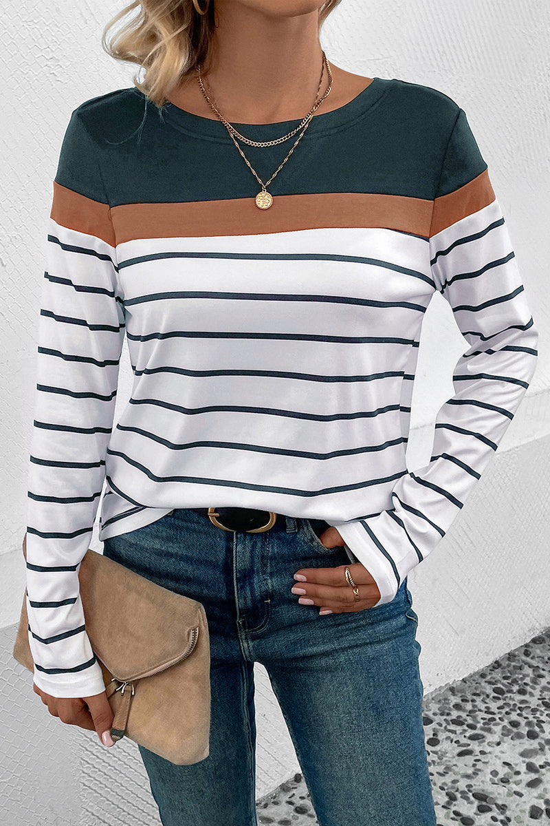 Perfee Striped Round Neck Long Sleeve T-Shirt Dark Green