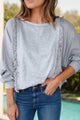 Waffle-Knit Round Neck Long Sleeve Top Gray