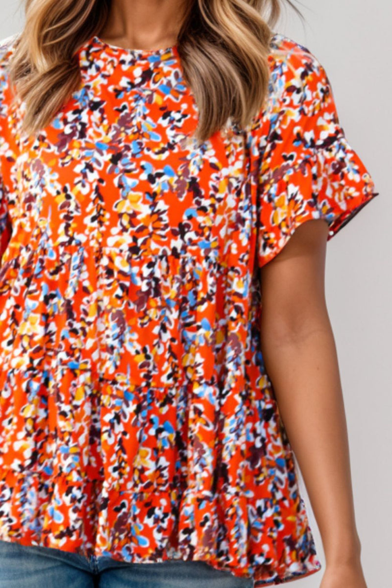 Plus Size Floral Round Neck Tiered Blouse