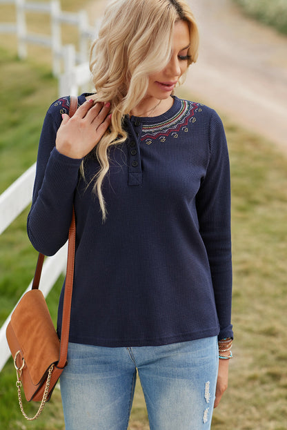 Embroidered Waffle-Knit Long Sleeve Henley Top