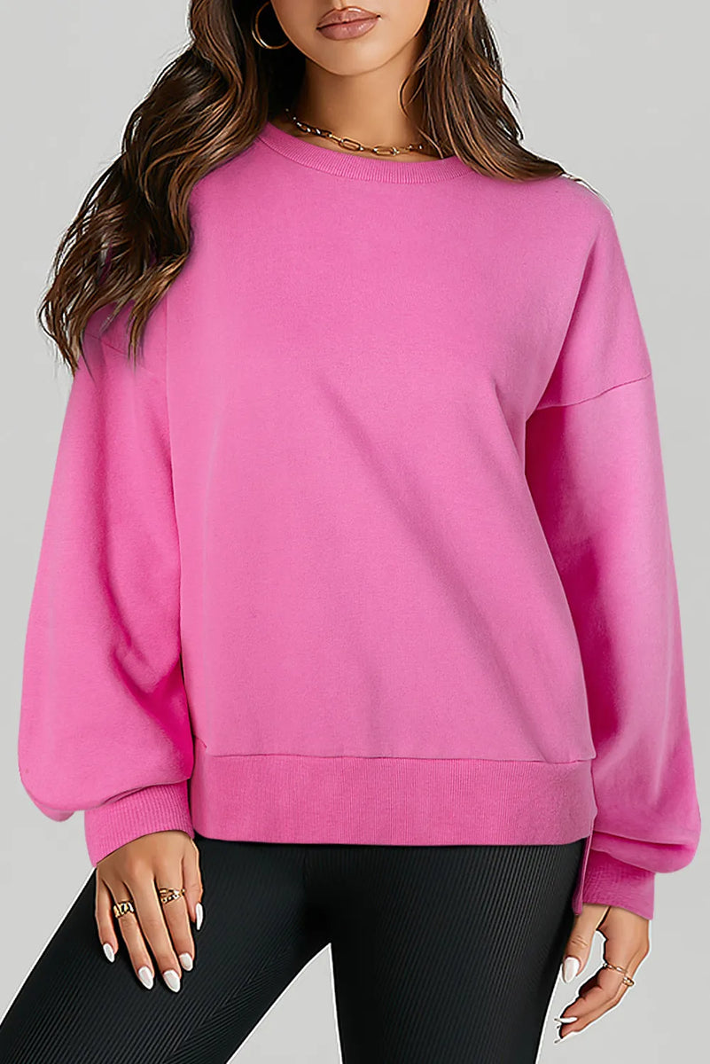 High-Low Round Neck Long Sleeve Sweatshirt Fuchsia Pink