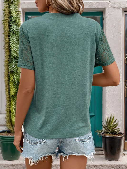 Perfee Lace Detail Notched Short Sleeve T-Shirt